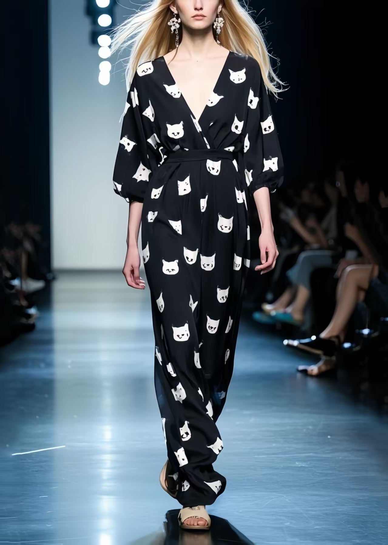 Organic Black Tie Waist Print Chiffon Maxi Dress Summer