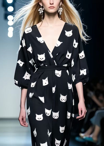 Organic Black Tie Waist Print Chiffon Maxi Dress Summer