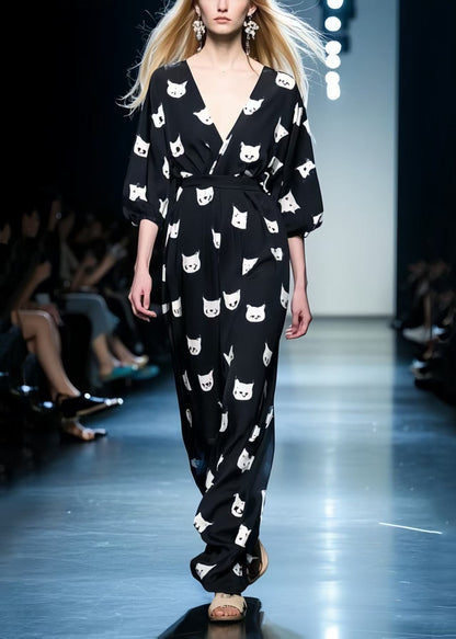 Organic Black Tie Waist Print Chiffon Maxi Dress Summer