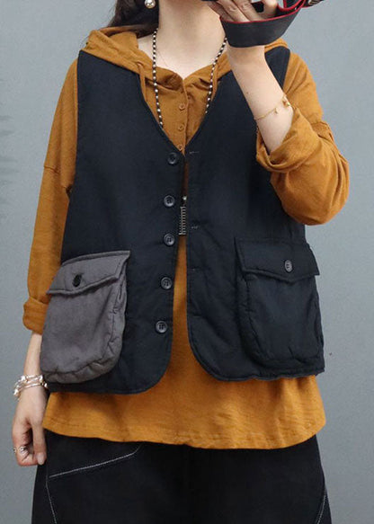 Schwarzes, ärmelloses Tanktop aus Bio-Baumwolle mit V-Ausschnitt und Taschen