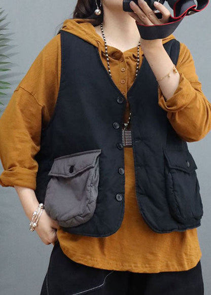 Schwarzes, ärmelloses Tanktop aus Bio-Baumwolle mit V-Ausschnitt und Taschen