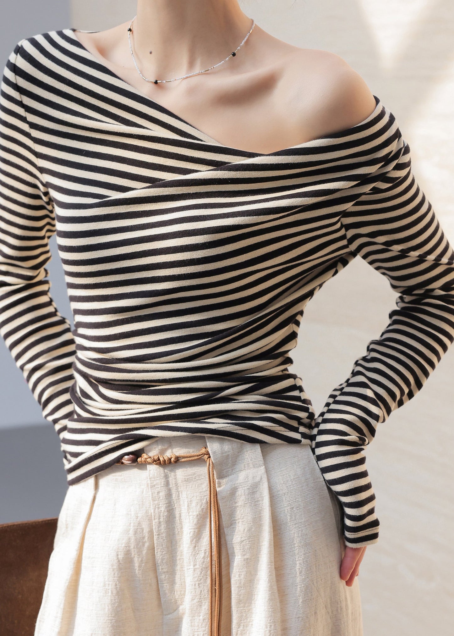 Organic Black White Striped One Shoulder Asymmetrical Tops Spring