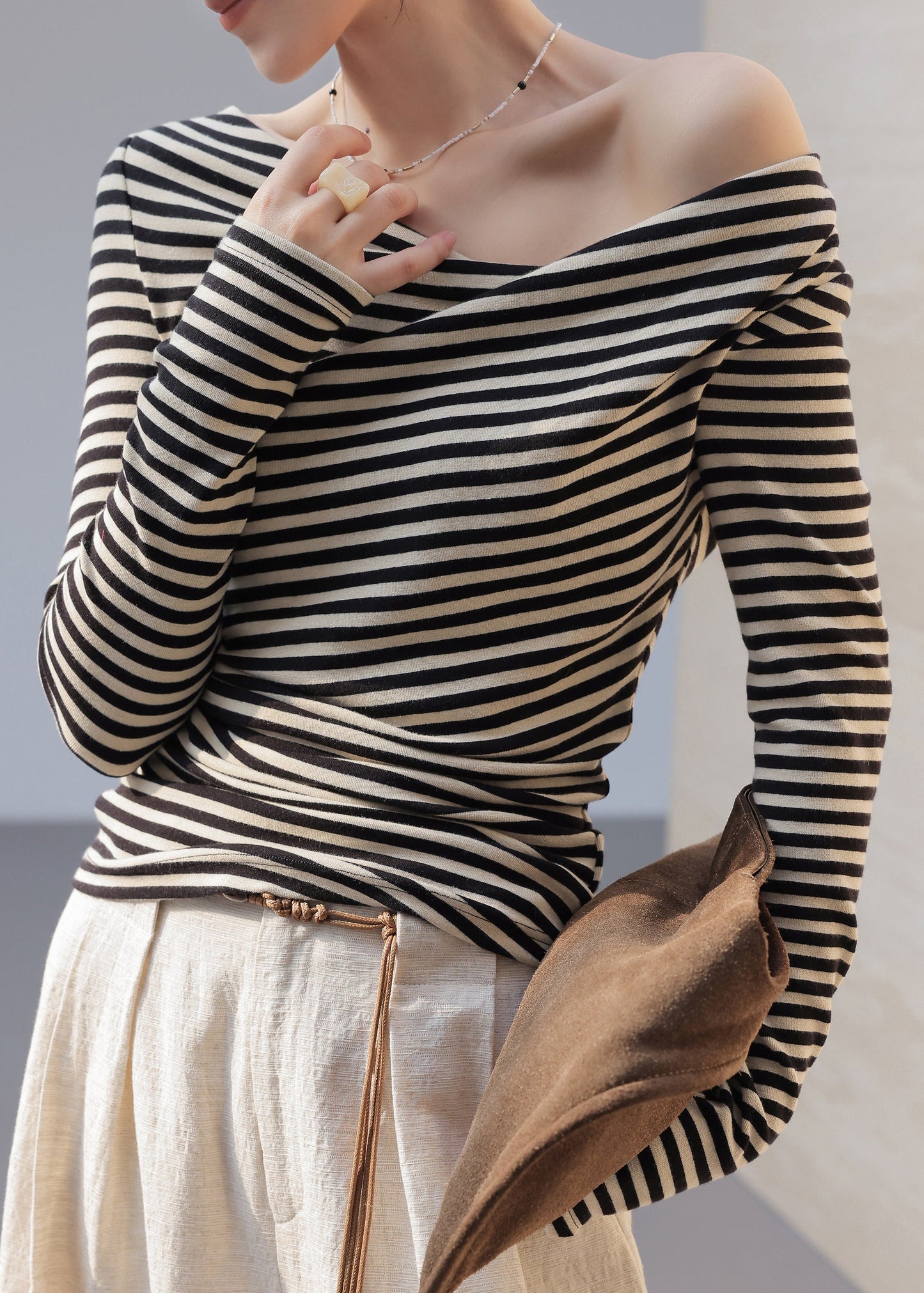 Organic Black White Striped One Shoulder Asymmetrical Tops Spring