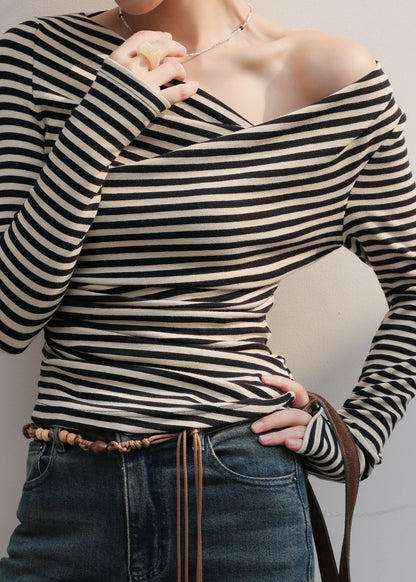 Organic Black White Striped One Shoulder Asymmetrical Tops Spring