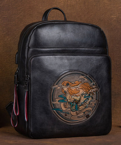 Organic Black character Paitings Calf Leather Tote Handbag