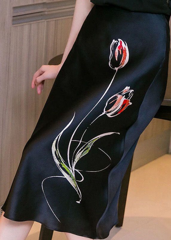 Bio-Schwarzer A-Linien-Herbstrock mit modischem Print und Reißverschluss