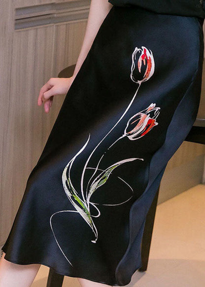 Bio-Schwarzer A-Linien-Herbstrock mit modischem Print und Reißverschluss