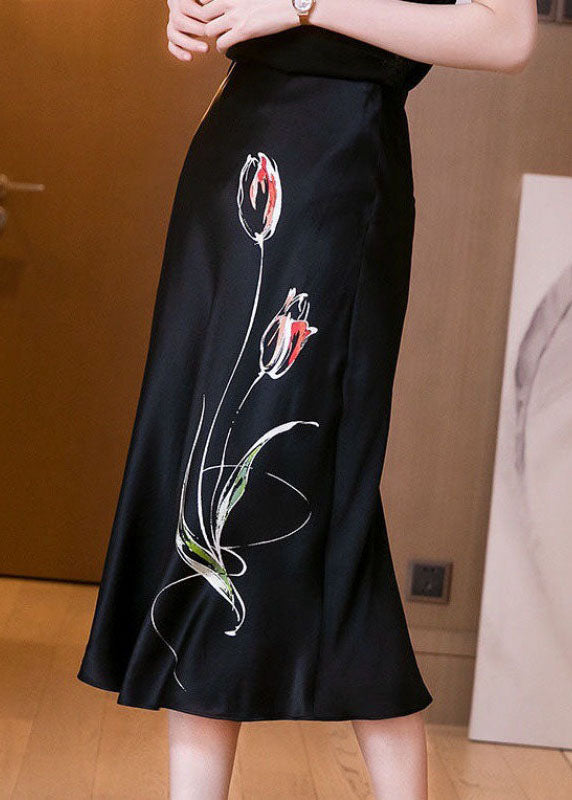 Bio-Schwarzer A-Linien-Herbstrock mit modischem Print und Reißverschluss