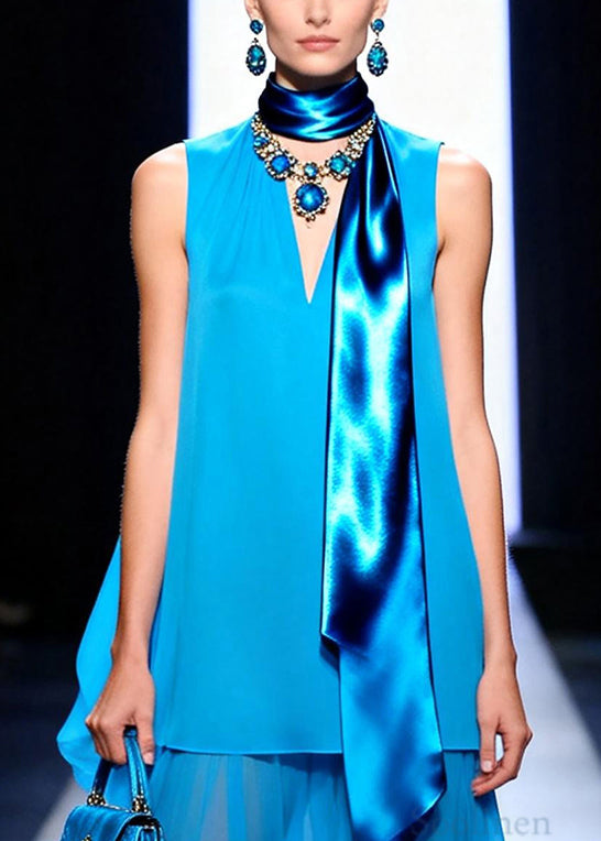 Organic Blue Asymmetrical Patchwork Chiffon Dress Sleeveless