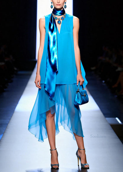 Organic Blue Asymmetrical Patchwork Chiffon Dress Sleeveless