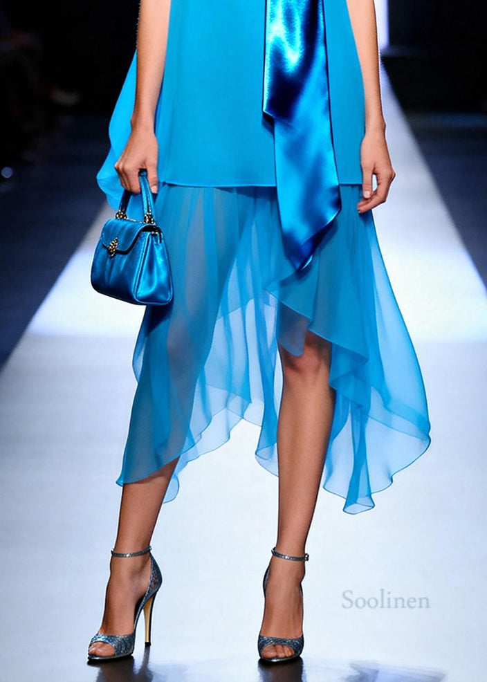 Organic Blue Asymmetrical Patchwork Chiffon Dress Sleeveless