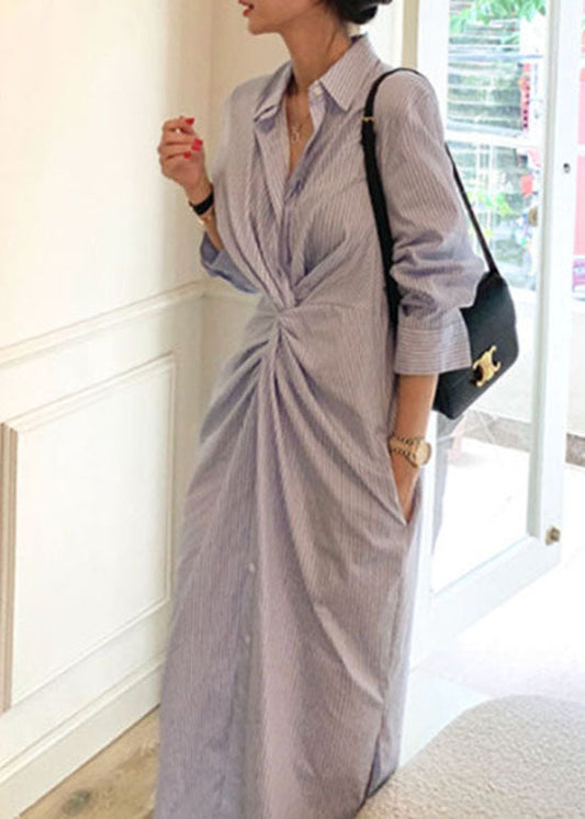 Bio Blau Asymmetrisch Gestreift Baumwolle Hemden Kleid Frühling