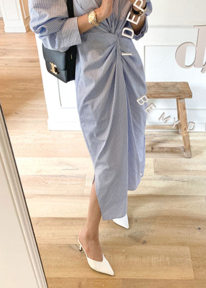 Organic Blue Asymmetrical Striped Cotton shirts Dress Spring