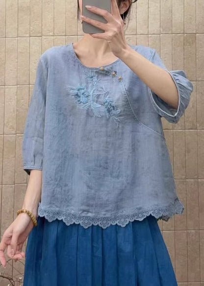 Organic Blue Embroidered Patchwork Lace Shirt Tops Half Sleeve
