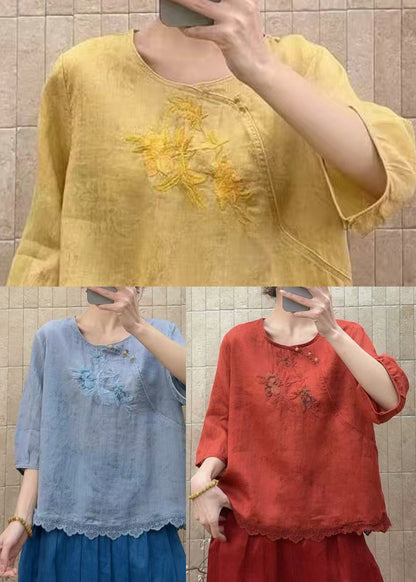 Organic Blue Embroidered Patchwork Lace Shirt Tops Half Sleeve