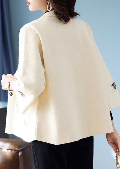 Organic Blue Embroidered Patchwork Woolen Coat Three Quarter Sleeve