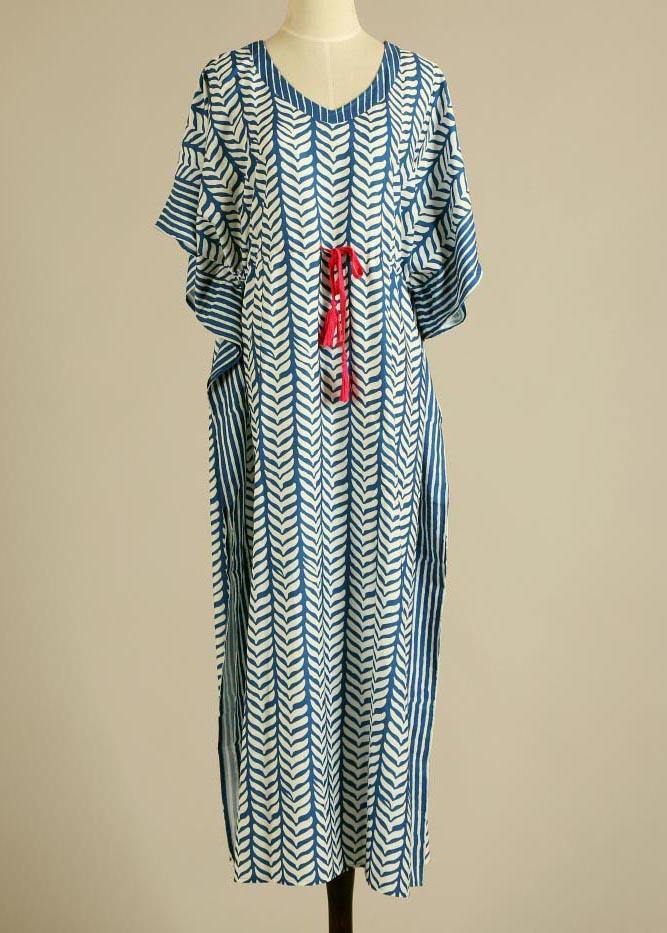 Organic Blue Floral V Neck kimono robe Cotton Dress - SooLinen