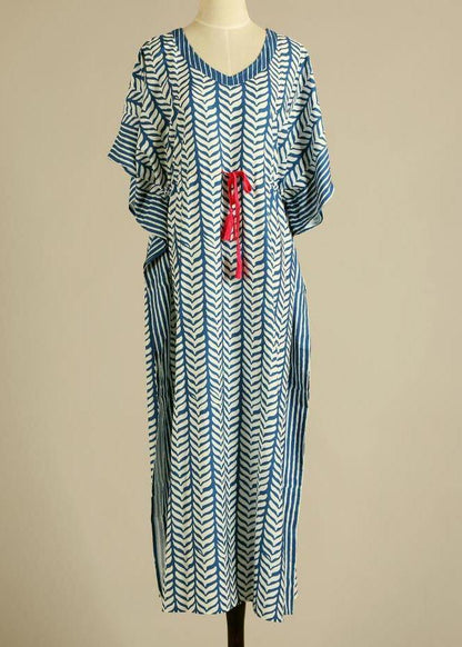 Organic Blue Floral V Neck kimono robe Cotton Dress - SooLinen