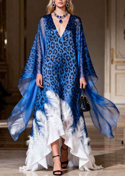 Organic Blue Leopard V Neck Feather Print Silk Dress Summer