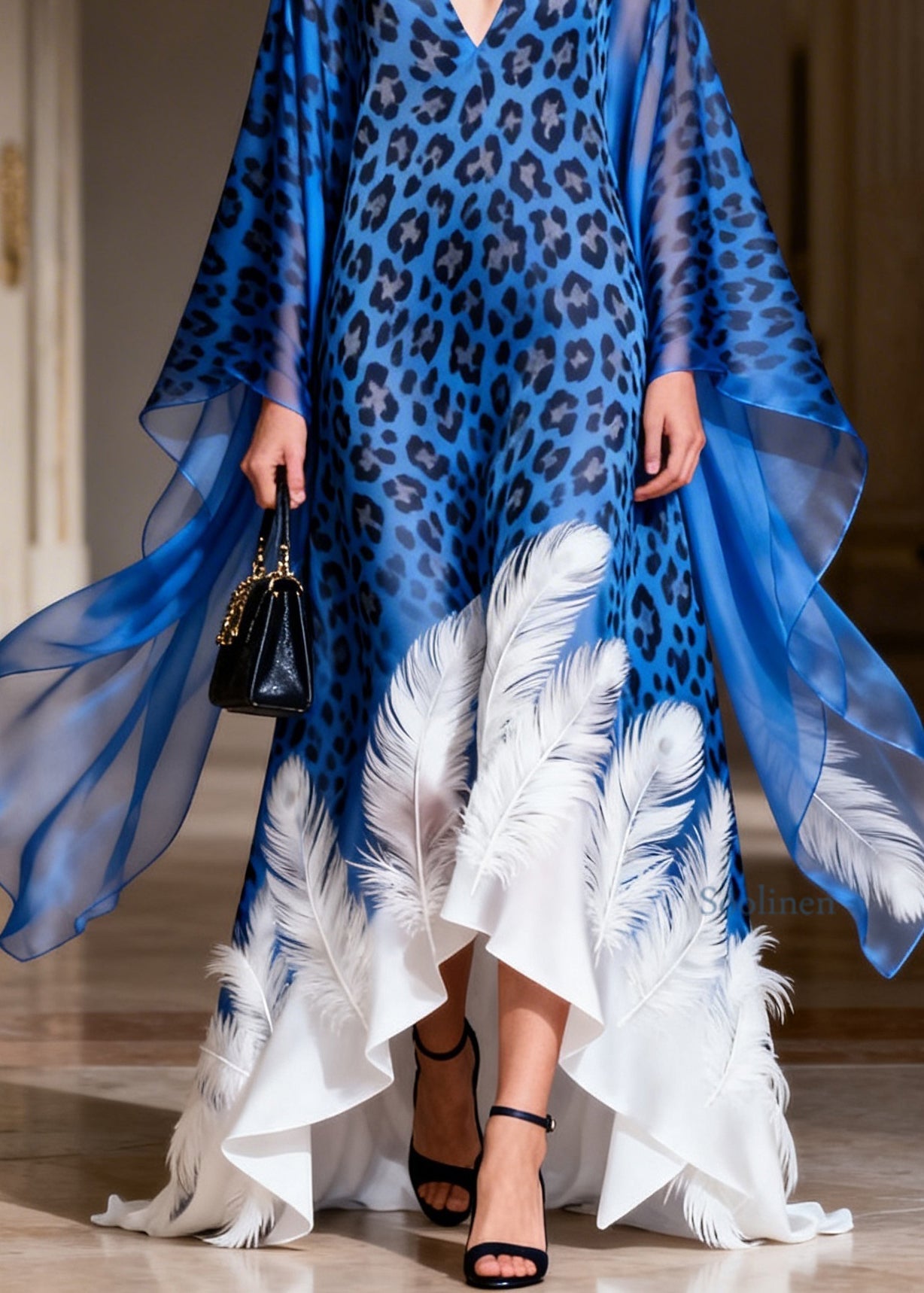 Organic Blue Leopard V Neck Feather Print Silk Dress Summer