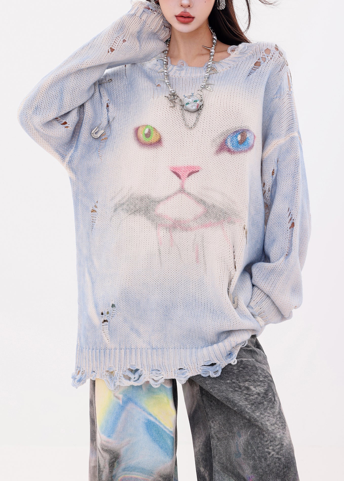 Organic Blue Oversized Cat Print Knit Ripped Sweater Winter