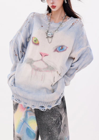 Organic Blue Oversized Cat Print Knit Ripped Sweater Winter