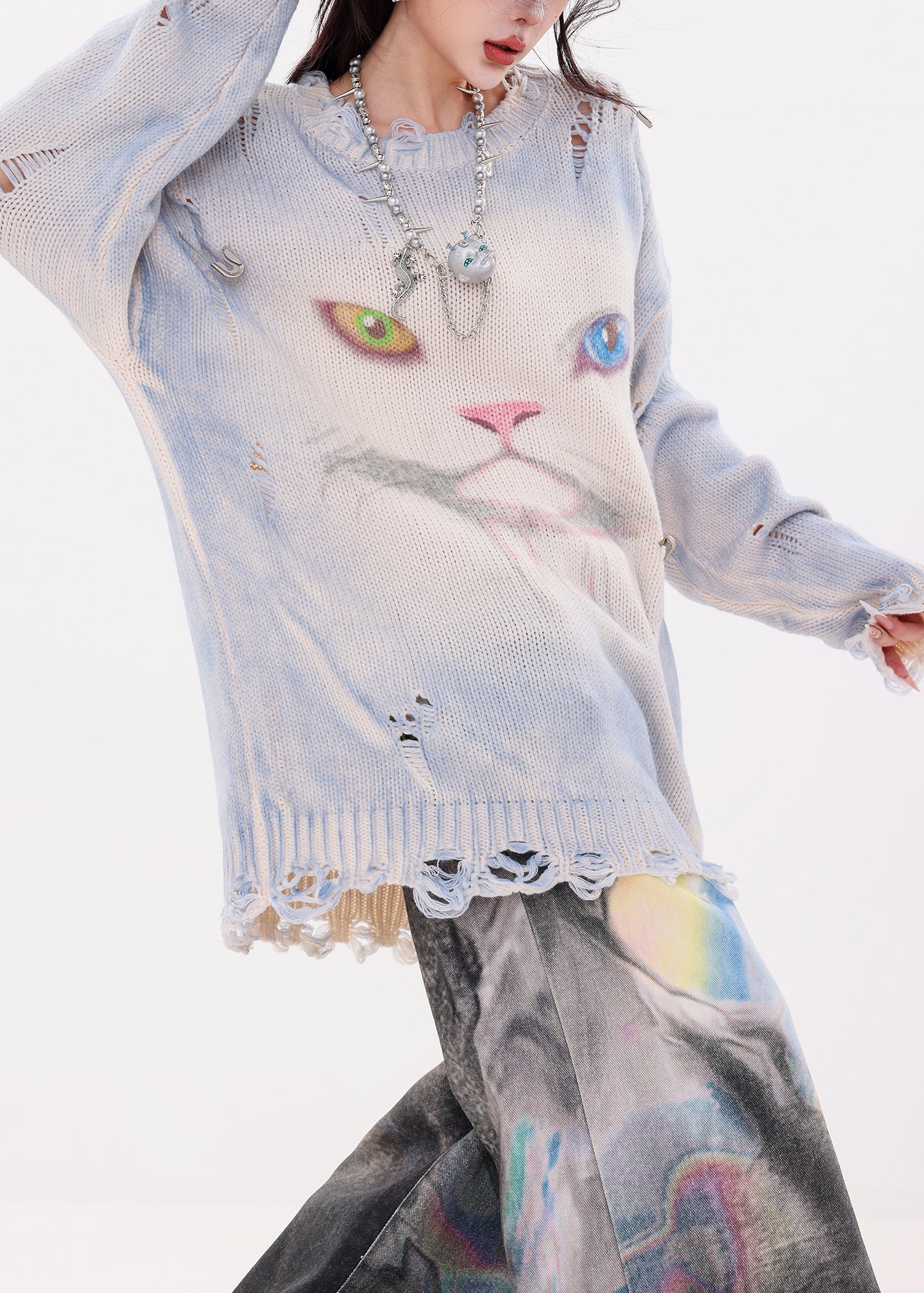 Organic Blue Oversized Cat Print Knit Ripped Sweater Winter