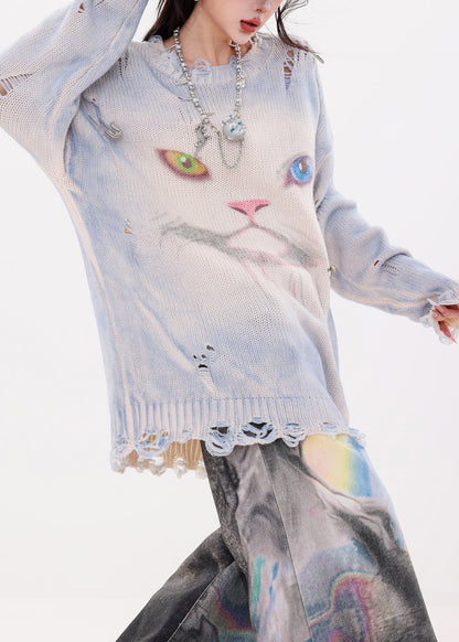 Organic Blue Oversized Cat Print Knit Ripped Sweater Winter