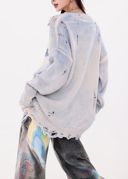Organic Blue Oversized Cat Print Knit Ripped Sweater Winter