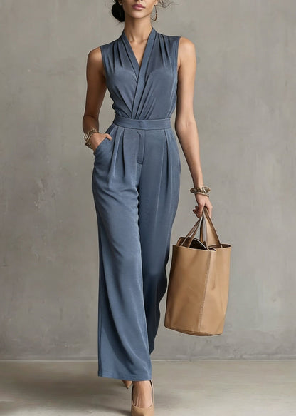 Organic Blue Patchwork Solid Top And Wide Leg Pants Two Pieces Sets Sleeveless