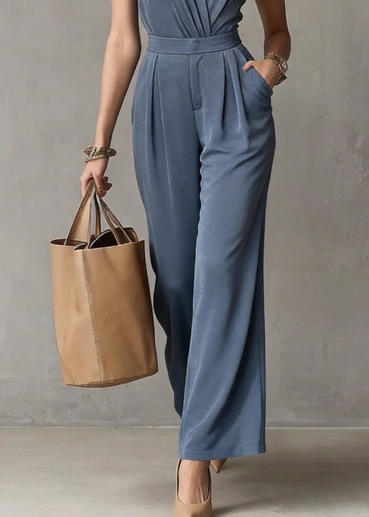 Organic Blue Patchwork Solid Top And Wide Leg Pants Two Pieces Sets Sleeveless