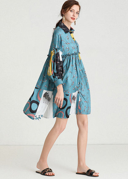 Bio Blau PeterPan Kragen Patchwork Herbst Urlaub Kleid Langarm