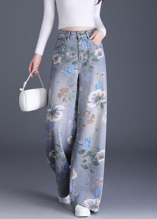 Organic Blue Pockets Print Denim Wide Leg Pants Spring
