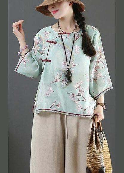 Organic Blue Print Linen Half Sleeve Top Summer - SooLinen