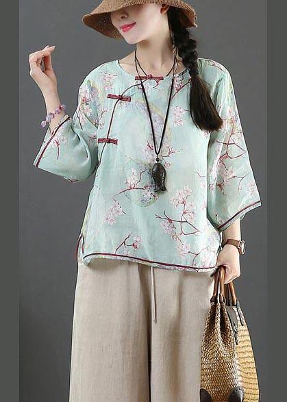 Organic Blue Print Linen Half Sleeve Top Summer - SooLinen