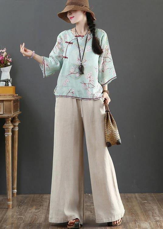 Organic Blue Print Linen Half Sleeve Top Summer - SooLinen