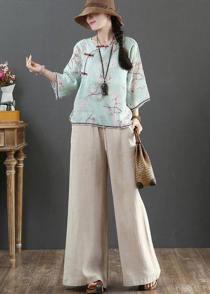 Organic Blue Print Linen Half Sleeve Top Summer - SooLinen