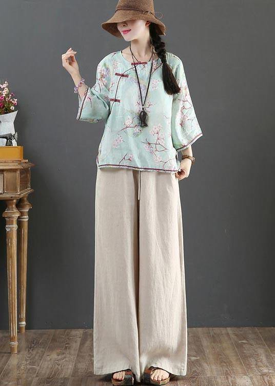 Organic Blue Print Linen Half Sleeve Top Summer - SooLinen