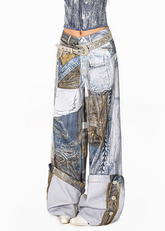 Organic Blue Print Pockets Patch Wide Leg Pants