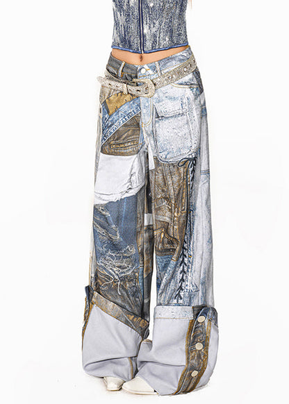 Organic Blue Print Pockets Patch Wide Leg Pants