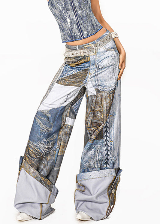 Organic Blue Print Pockets Patch Wide Leg Pants