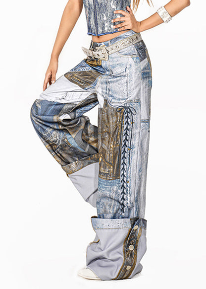 Organic Blue Print Pockets Patch Wide Leg Pants