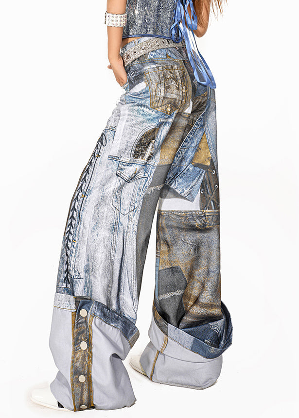 Organic Blue Print Pockets Patch Wide Leg Pants