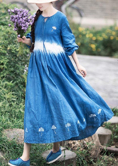 Organic Blue Print Tunic O Neck Cinched Art Dress - SooLinen