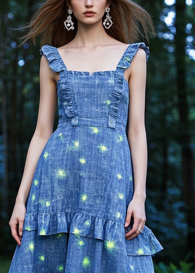 Organic Blue Ruffled Print Denim Cami Dresses Summer