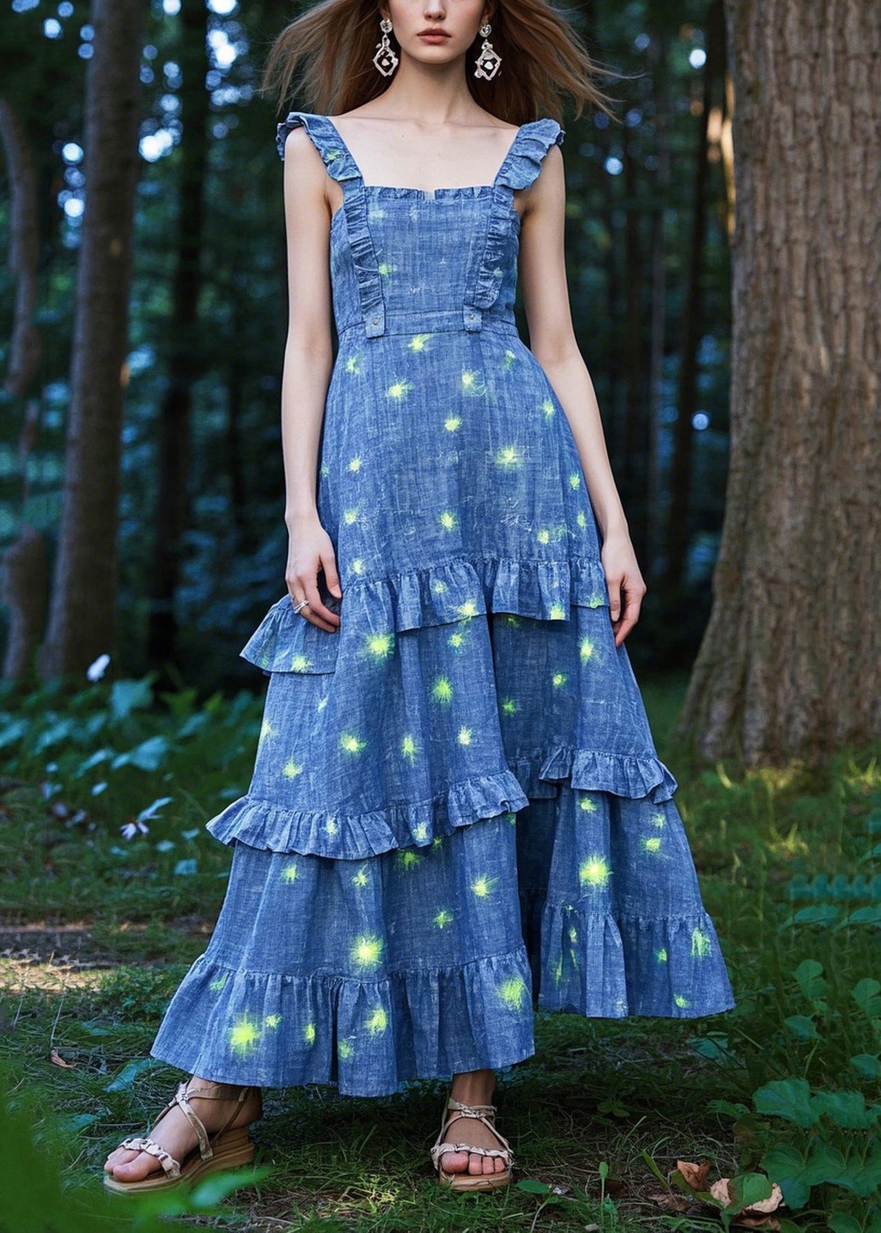 Organic Blue Ruffled Print Denim Cami Dresses Summer