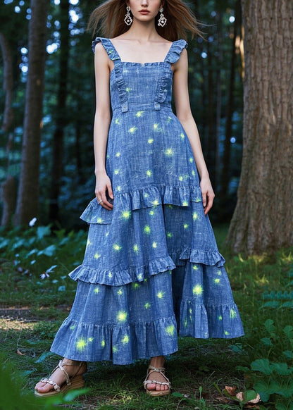 Organic Blue Ruffled Print Denim Cami Dresses Summer