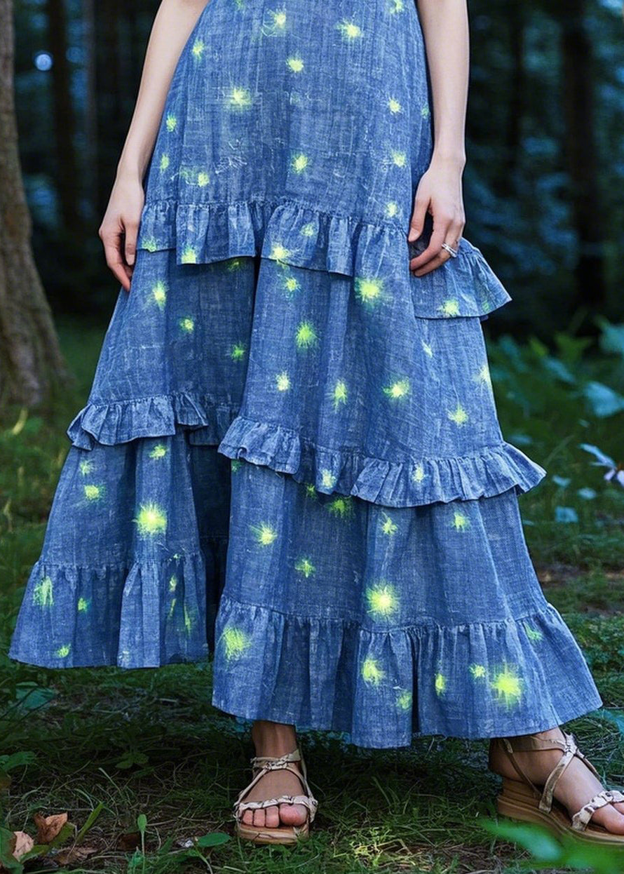 Organic Blue Ruffled Print Denim Cami Dresses Summer