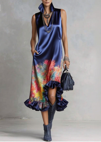 Organic Blue Ruffled Print Silk Party Dress Sleeveless
