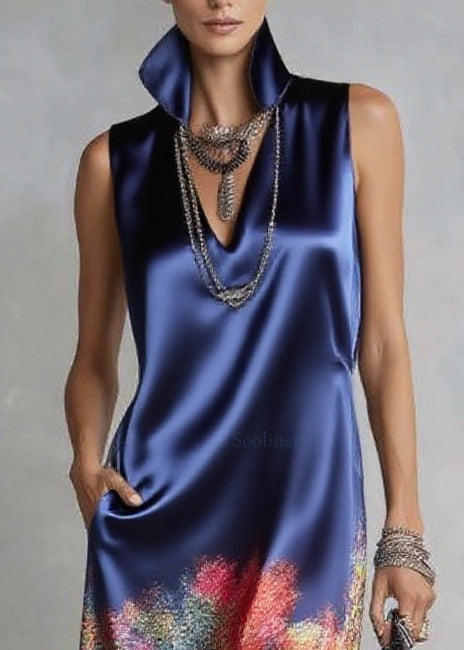 Organic Blue Ruffled Print Silk Party Dress Sleeveless